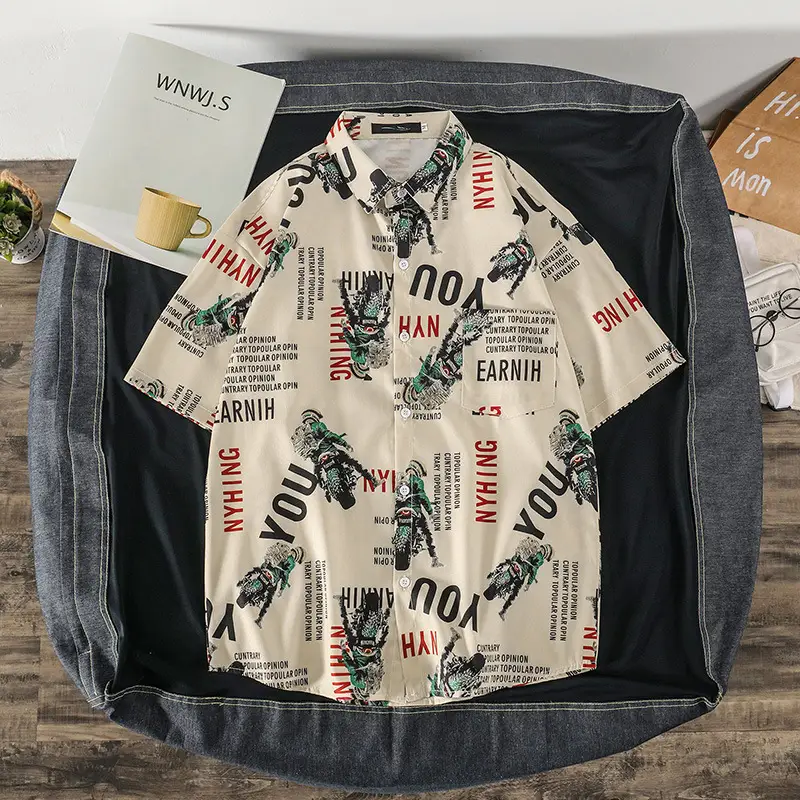 Men 2022 Graphic Print Short Sleeve Shirt Olive Green - Image 5