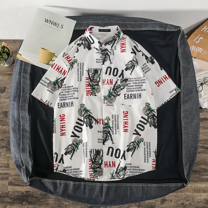 Men 2022 Graphic Print Short Sleeve Shirt Olive Green - Image 6