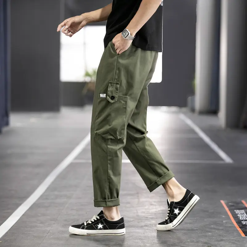 Men Ankle-Crack Cockwork Pants Green Korean Style