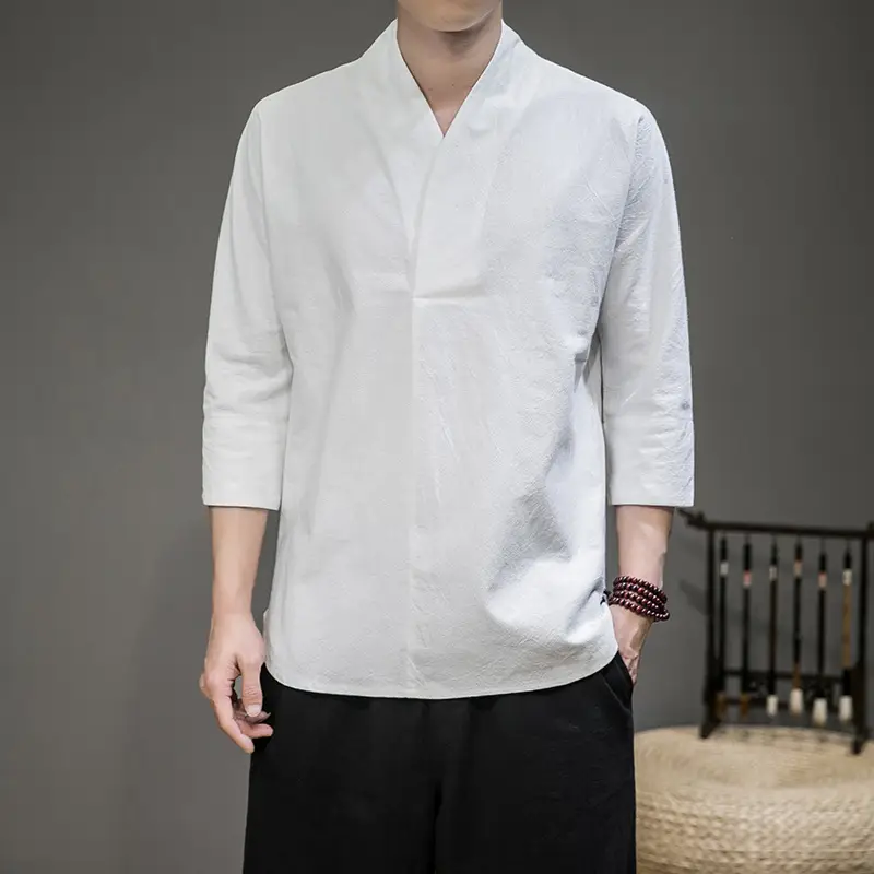 Men's White Half Sleeve Collar T-Shirt Cotton Linen Large - Image 6