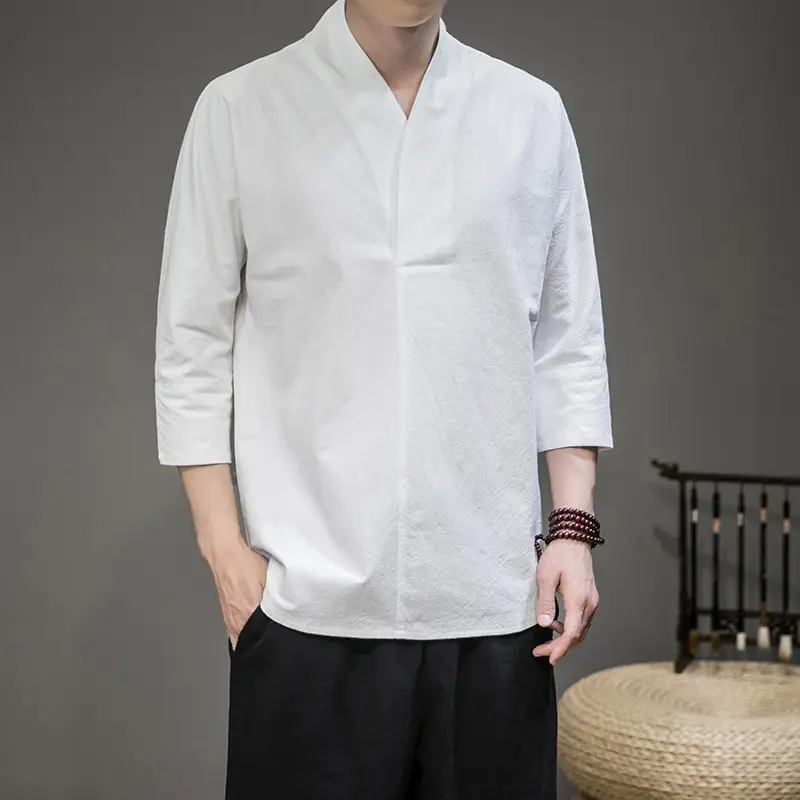 Men's White Half Sleeve Collar T-Shirt Cotton Linen Large - Image 7
