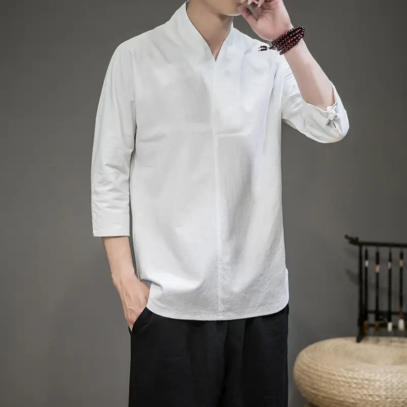 Men's White Half Sleeve Collar T-Shirt Cotton Linen Large - Image 8