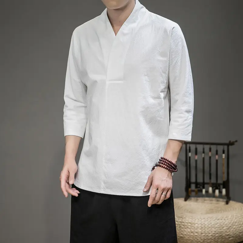 Men's White Half Sleeve Collar T-Shirt Cotton Linen Large - Image 9