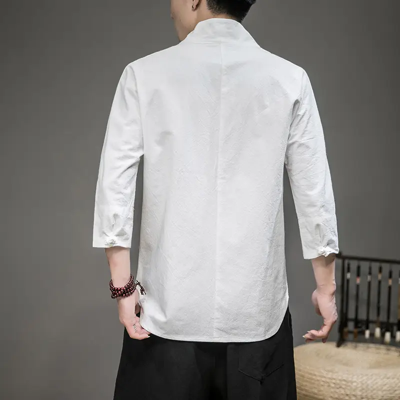 Men's White Half Sleeve Collar T-Shirt Cotton Linen Large - Image 10