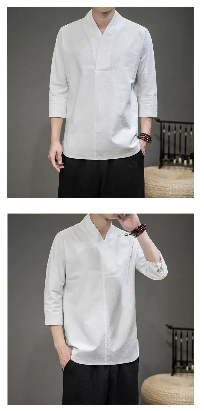 Men's White Half Sleeve Collar T-Shirt Cotton Linen Large — feature 4