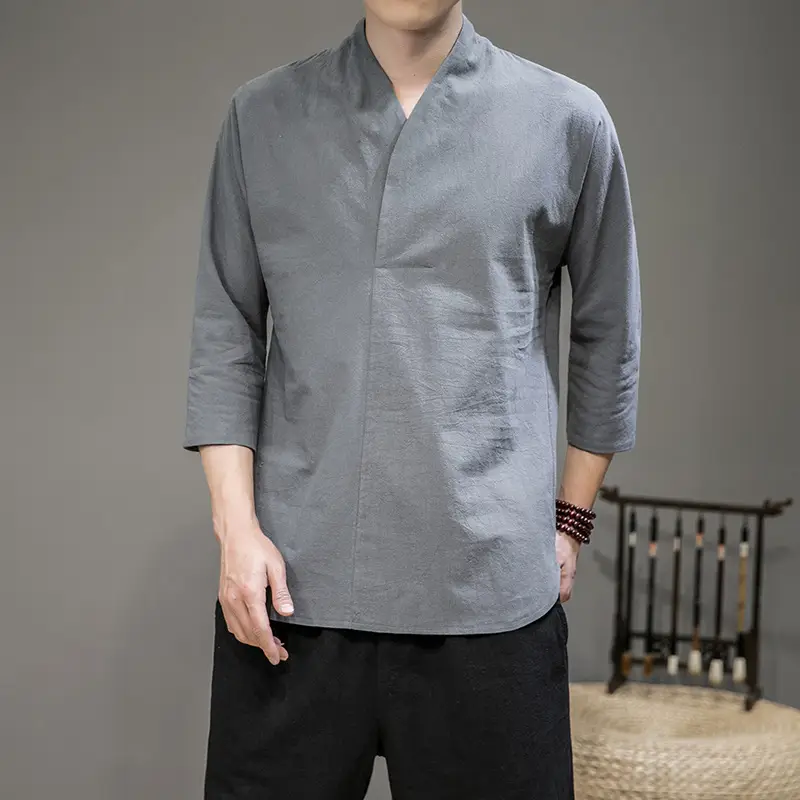 Men's White Half Sleeve Collar T-Shirt Cotton Linen Large - Image 2