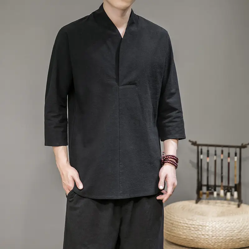 Men's White Half Sleeve Collar T-Shirt Cotton Linen Large - Image 3