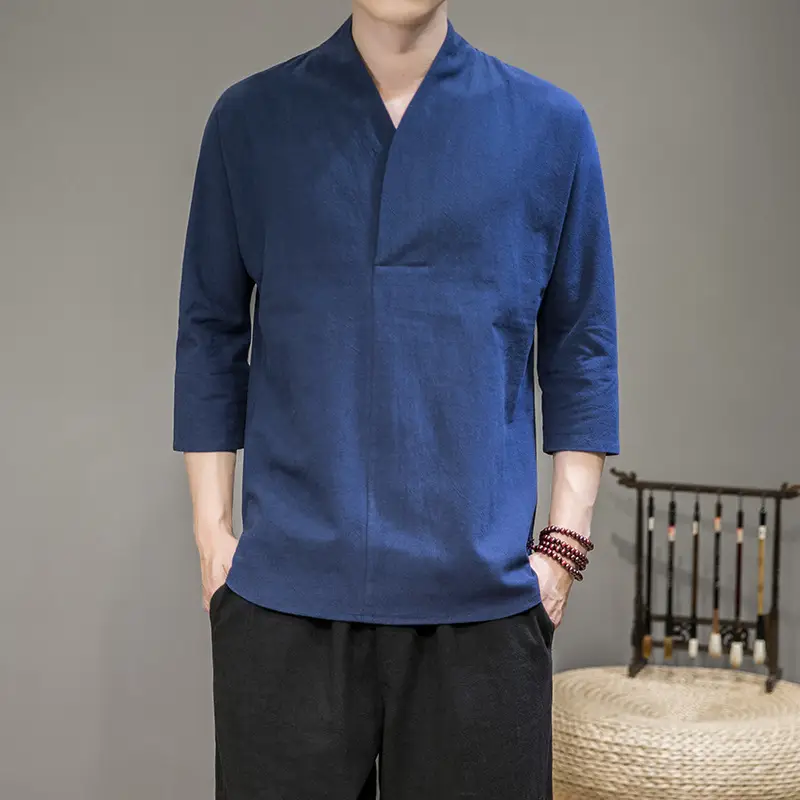Men's White Half Sleeve Collar T-Shirt Cotton Linen Large - Image 4