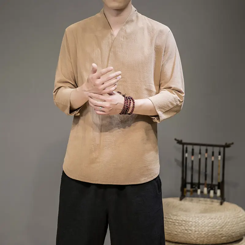 Men's White Half Sleeve Collar T-Shirt Cotton Linen Large - Image 5