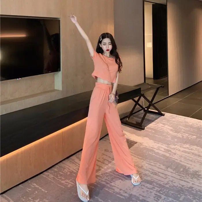 New 2024 Slim Fit Orange T-Shirt & Wide Leg Pants Set - Image 3