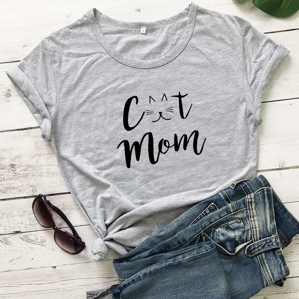 Cat Mom Printed T-Shirt Grey Short Sleeve