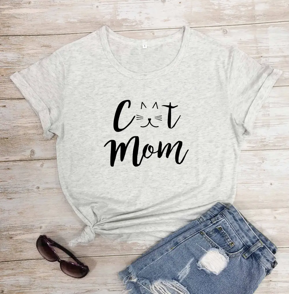 Cat Mom Printed T-Shirt Grey Short Sleeve