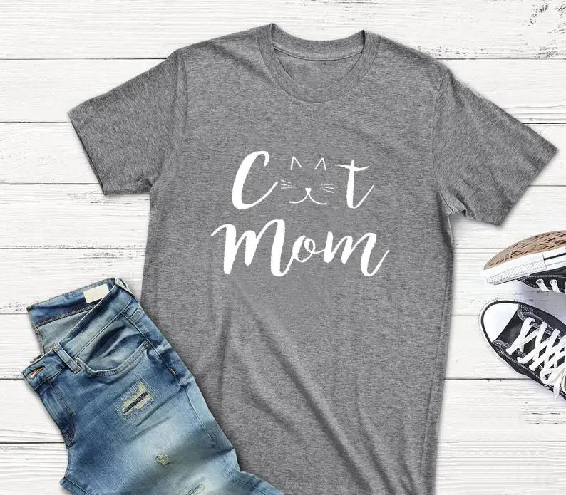 Cat Mom Printed T-Shirt Grey Short Sleeve