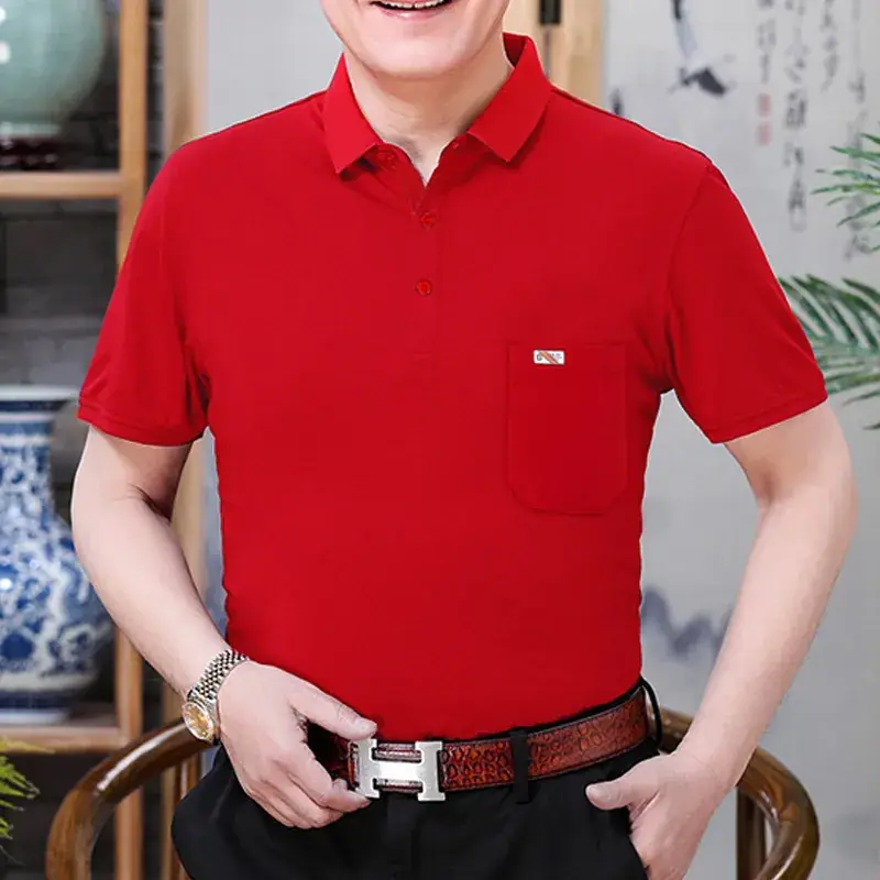 Men Cotton Polo Shirt White Grey Loose Fit Grandpa Top - Image 2