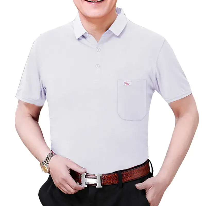 Men Cotton Polo Shirt White Grey Loose Fit Grandpa Top - Image 6
