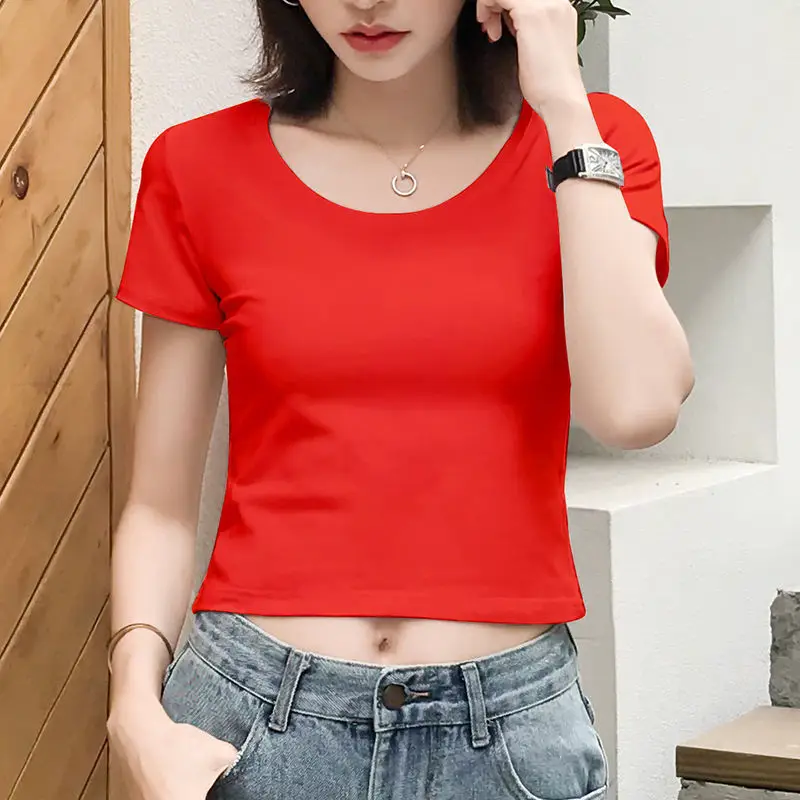 Women Black U-Neck Crop Top Short Sleeve Slim Fit - Image 4