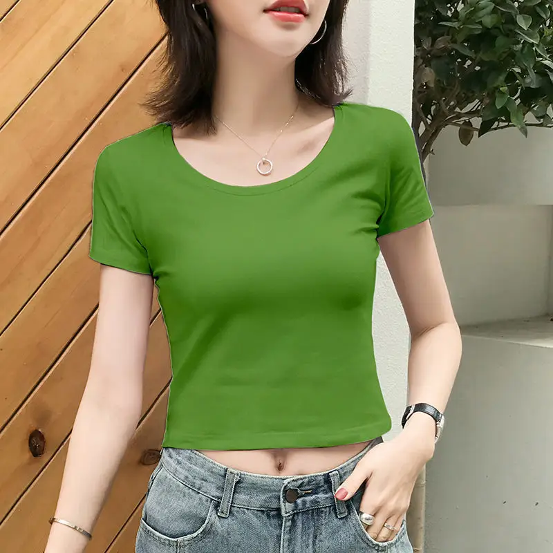 Women Black U-Neck Crop Top Short Sleeve Slim Fit - Image 2