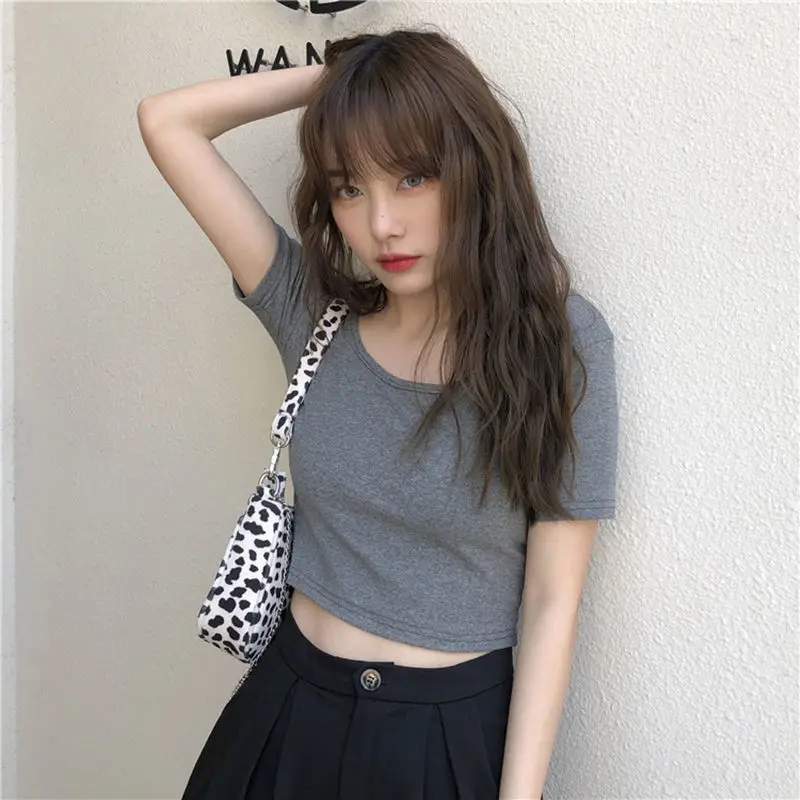 Women Black U-Neck Crop Top Short Sleeve Slim Fit - Image 3