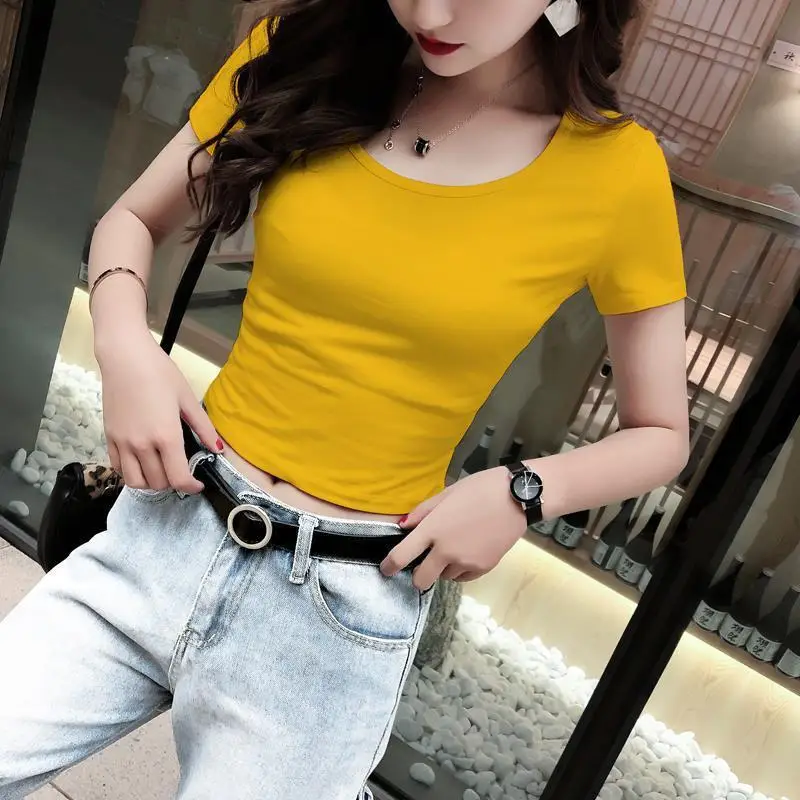 Women Black U-Neck Crop Top Short Sleeve Slim Fit - Image 5