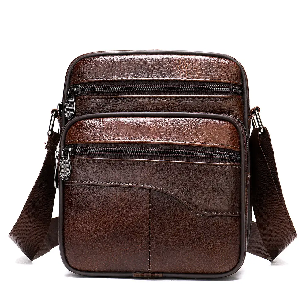 Men's Black Genuine Leather Crossbody Bag Vertical Zip - Image 17