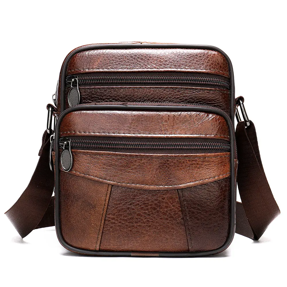 Men's Black Genuine Leather Crossbody Bag Vertical Zip - Image 18