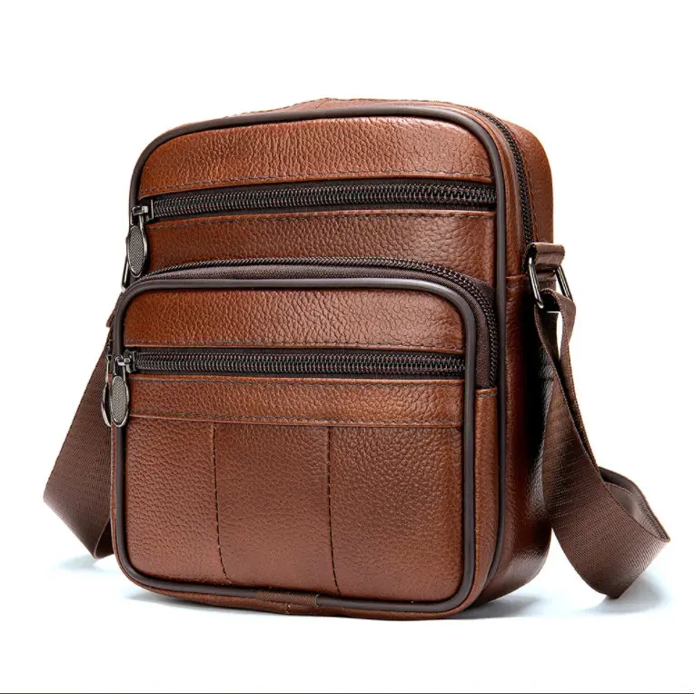 Men's Black Genuine Leather Crossbody Bag Vertical Zip - Image 9