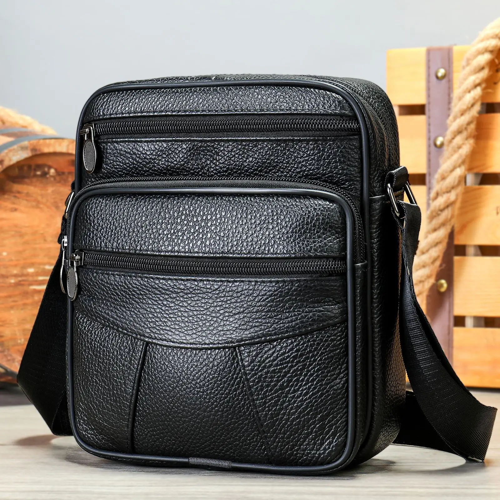 Men's Black Genuine Leather Crossbody Bag Vertical Zip - Image 10