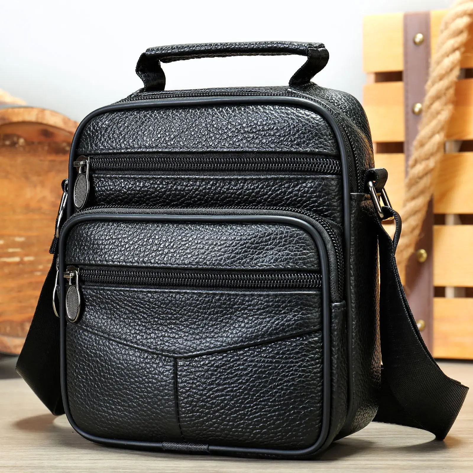 Men's Black Genuine Leather Crossbody Bag Vertical Zip - Image 11