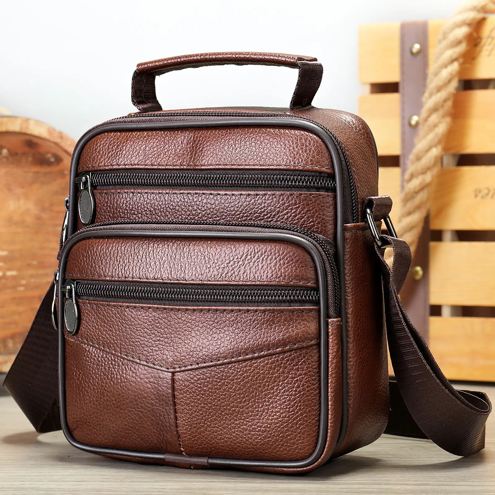 Men's Black Genuine Leather Crossbody Bag Vertical Zip - Image 12