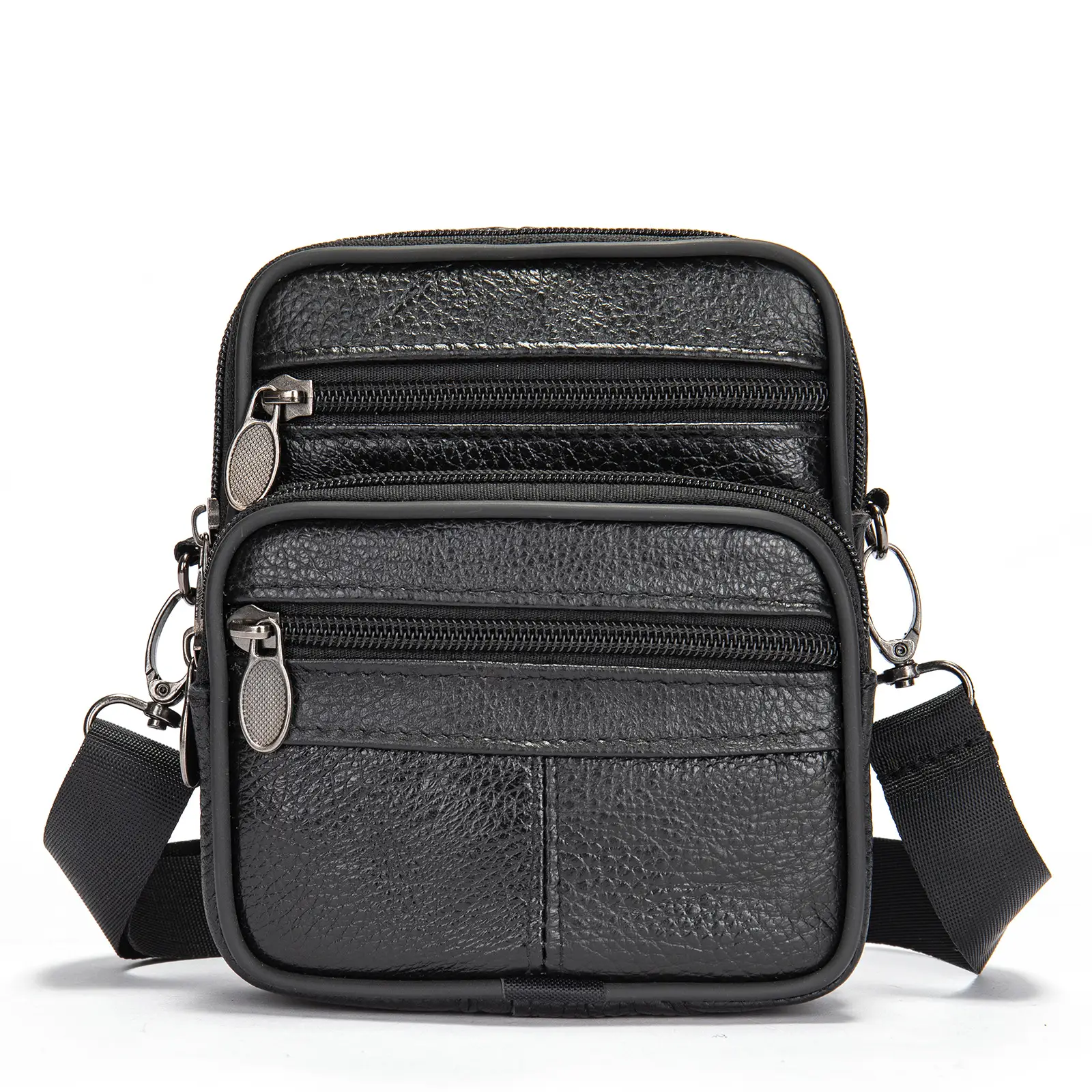 Men's Black Genuine Leather Crossbody Bag Vertical Zip - Image 13
