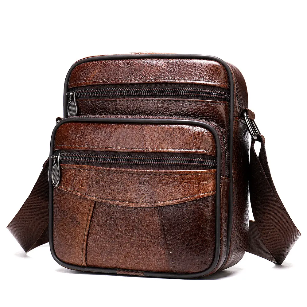 Men's Black Genuine Leather Crossbody Bag Vertical Zip - Image 2