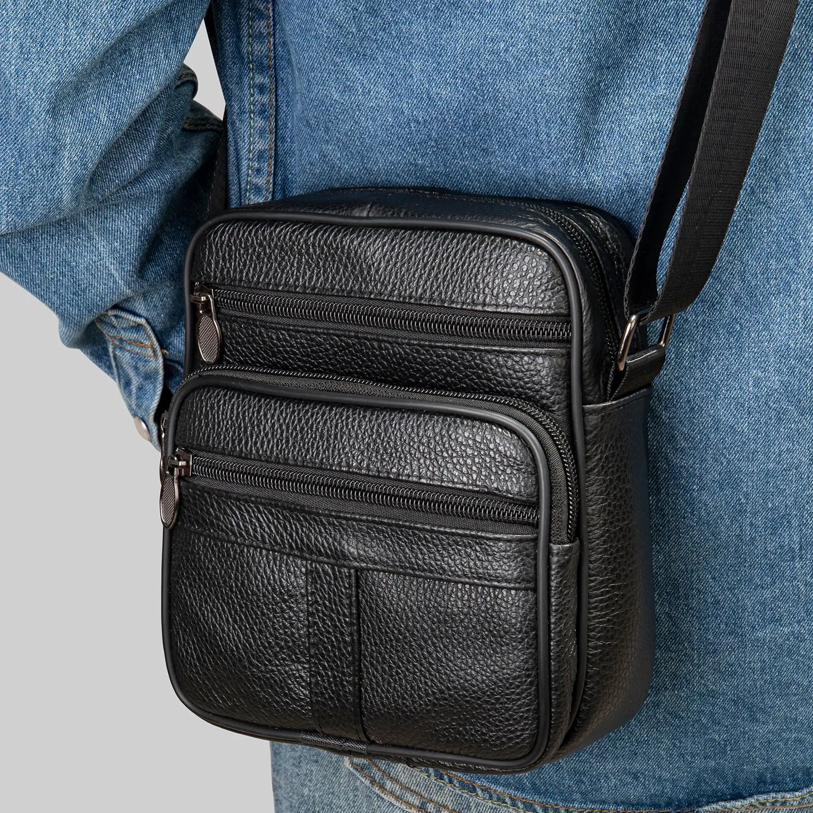Men's Black Genuine Leather Crossbody Bag Vertical Zip - Image 4