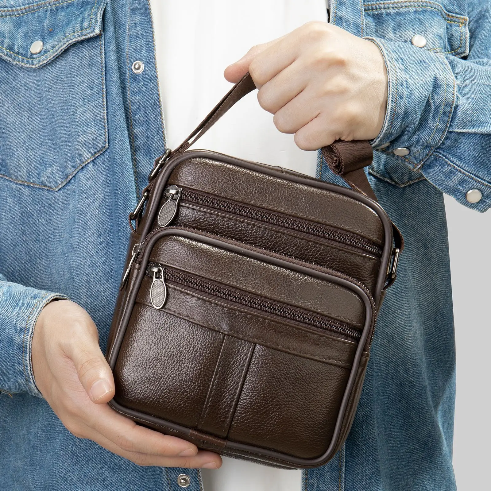 Men's Black Genuine Leather Crossbody Bag Vertical Zip - Image 5