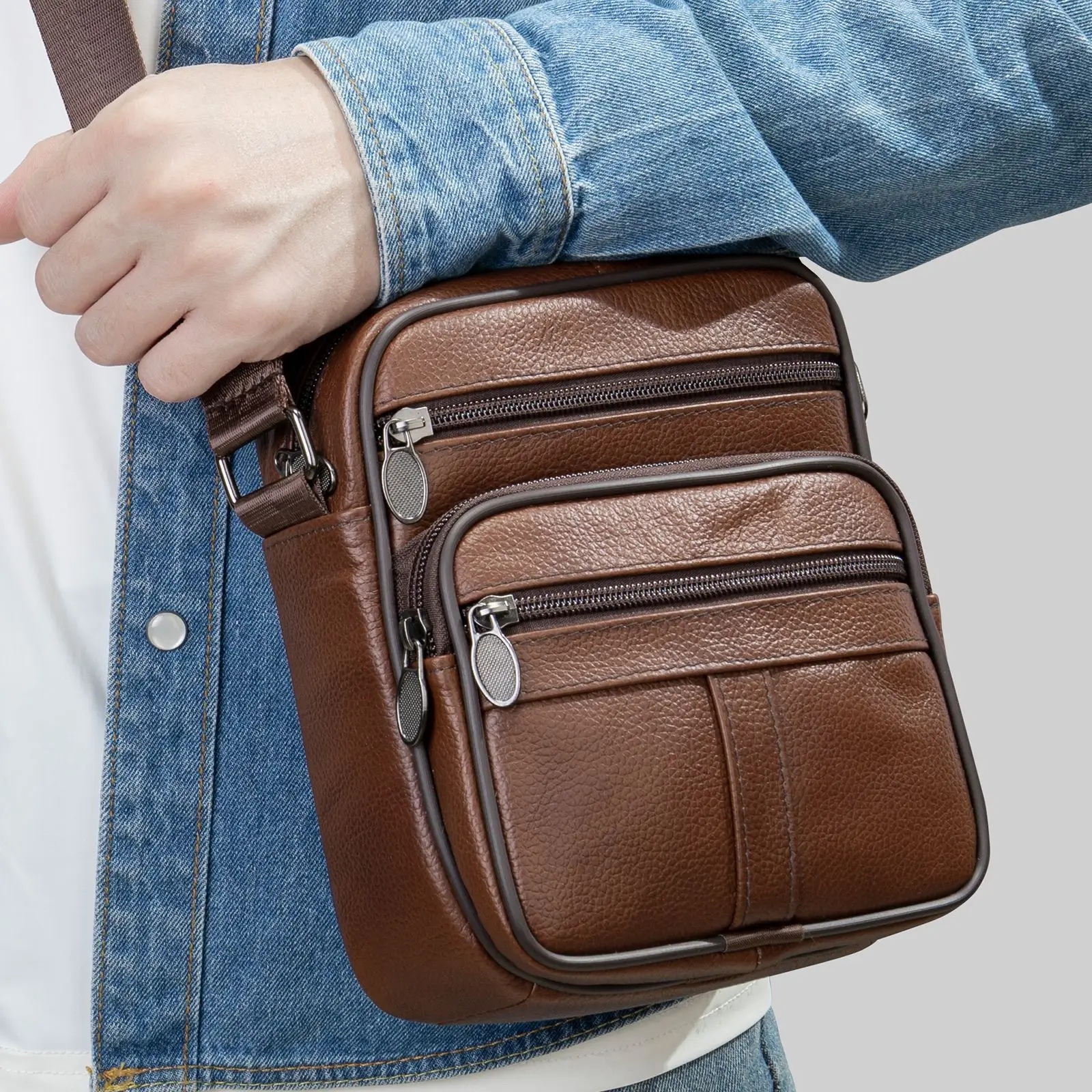 Men's Black Genuine Leather Crossbody Bag Vertical Zip - Image 6