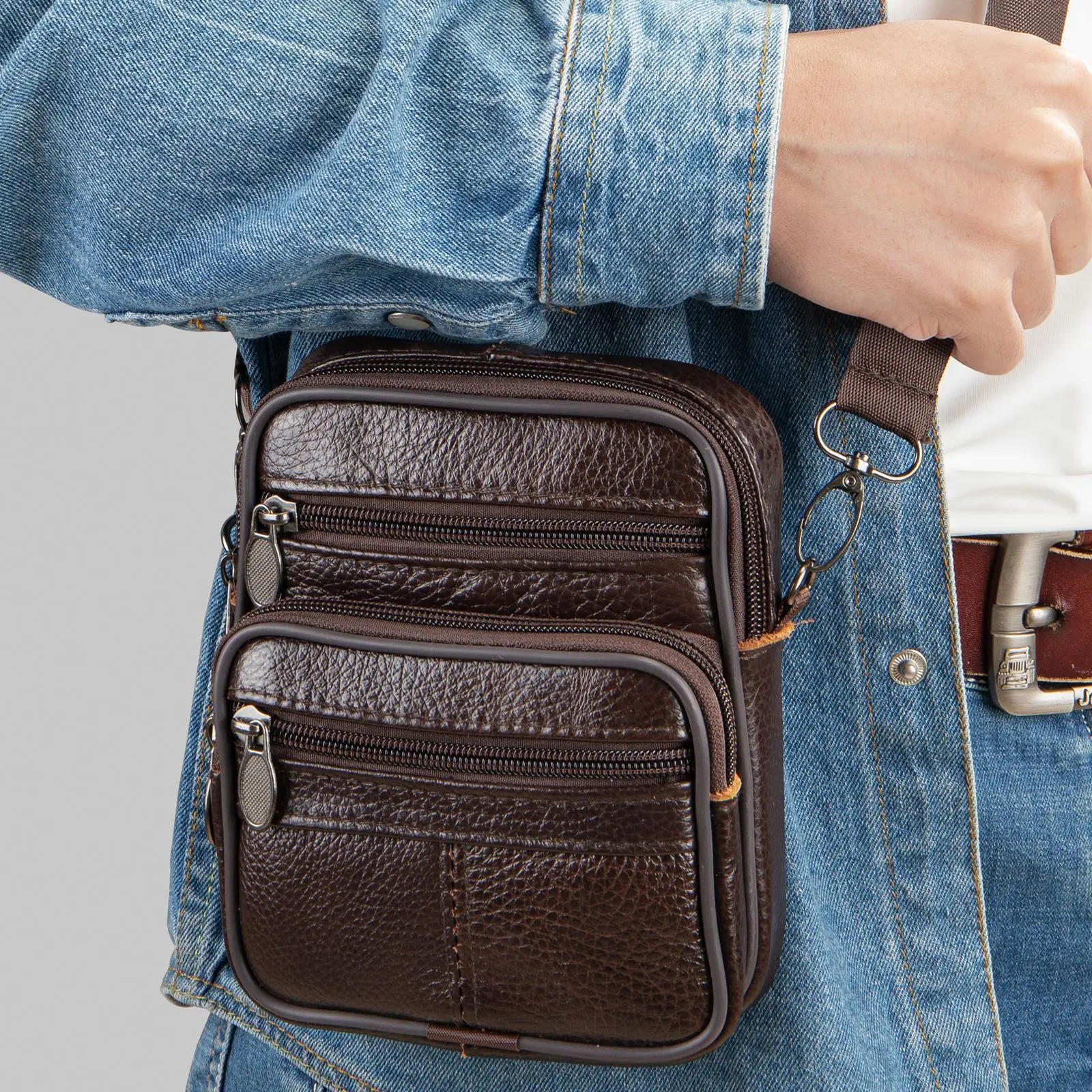 Men's Black Genuine Leather Crossbody Bag Vertical Zip - Image 7