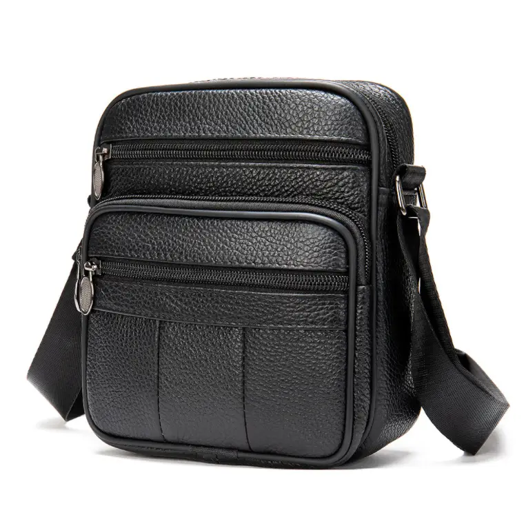 Men's Black Genuine Leather Crossbody Bag Vertical Zip - Image 8