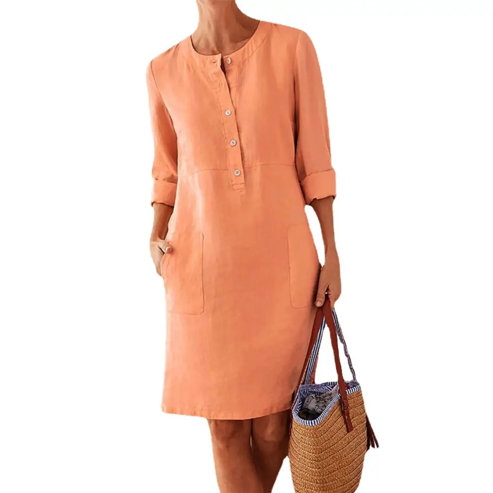 Plus Size Women Cotton Linen Round Neck Dress Black - Image 14
