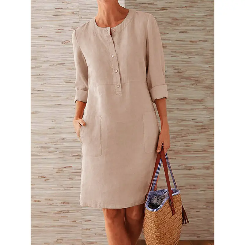 Plus Size Women Cotton Linen Round Neck Dress Black - Image 2