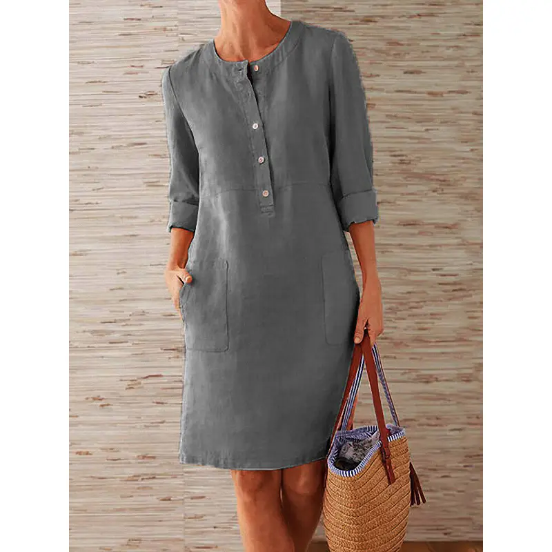 Plus Size Women Cotton Linen Round Neck Dress Black - Image 6