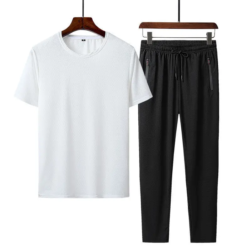 Men Ice Silk Summer Sports Suit White Black - Image 4