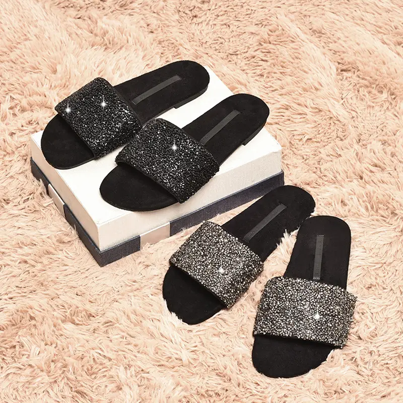 Black Rhinestone Flat Slippers Summer 2022 Extra Large