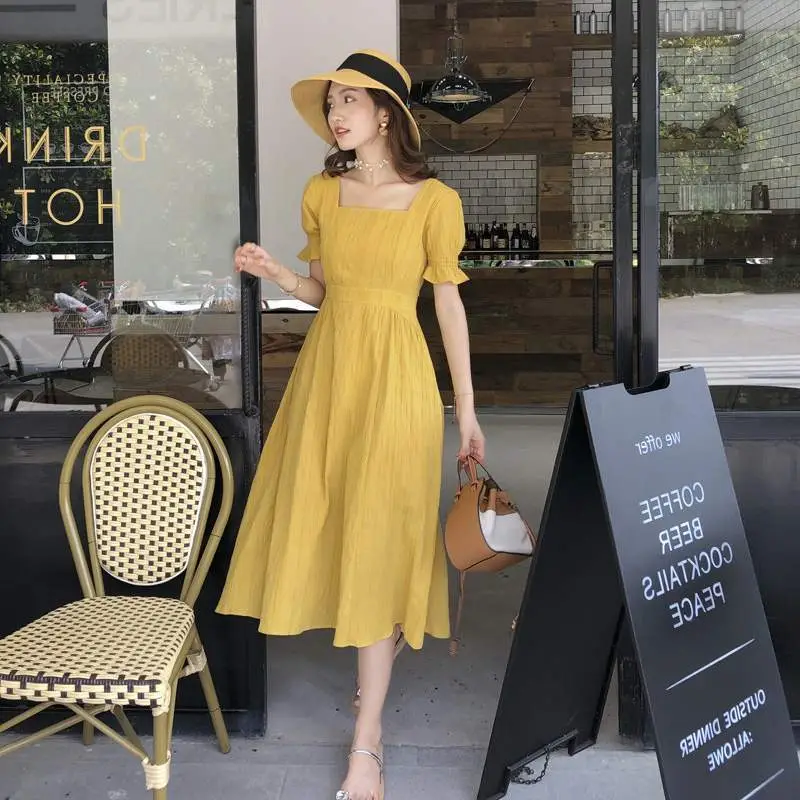2025 Summer Yellow Square Neck Dress with Sweet Waist - Image 3