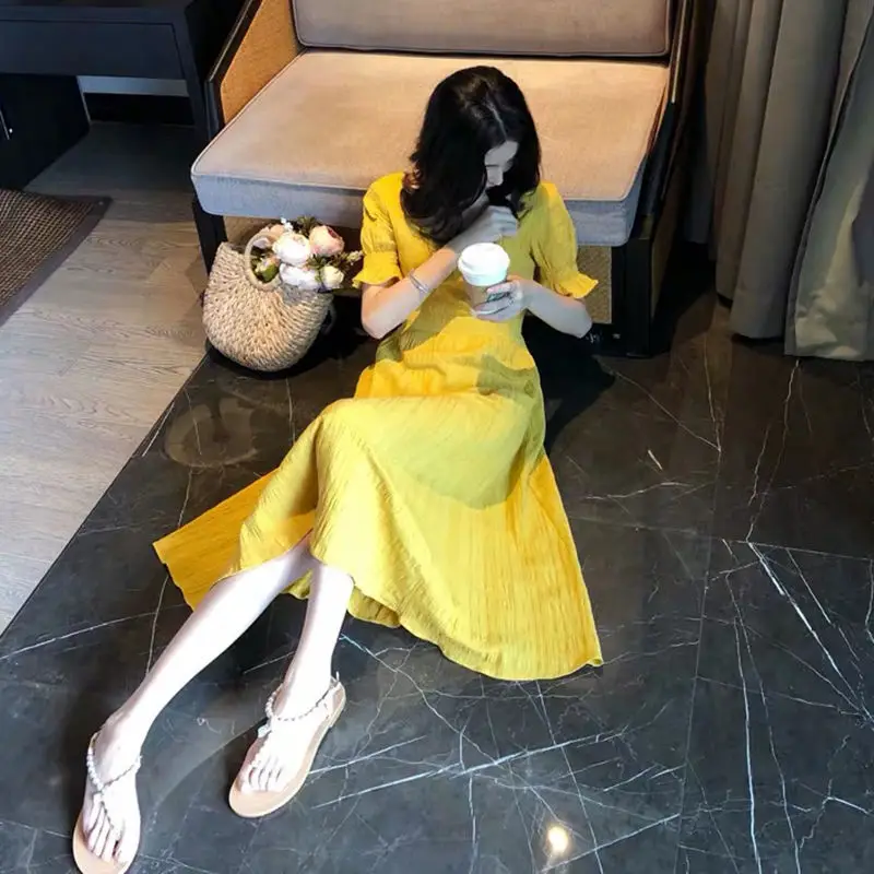 2025 Summer Yellow Square Neck Dress with Sweet Waist - Image 5