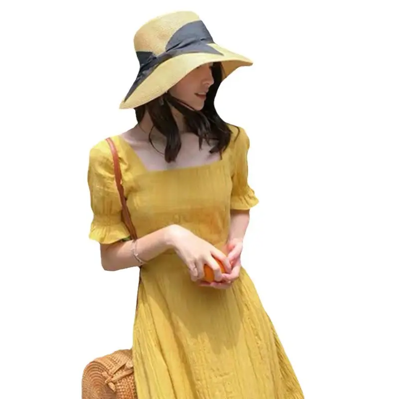 2025 Summer Yellow Square Neck Dress with Sweet Waist - Image 6