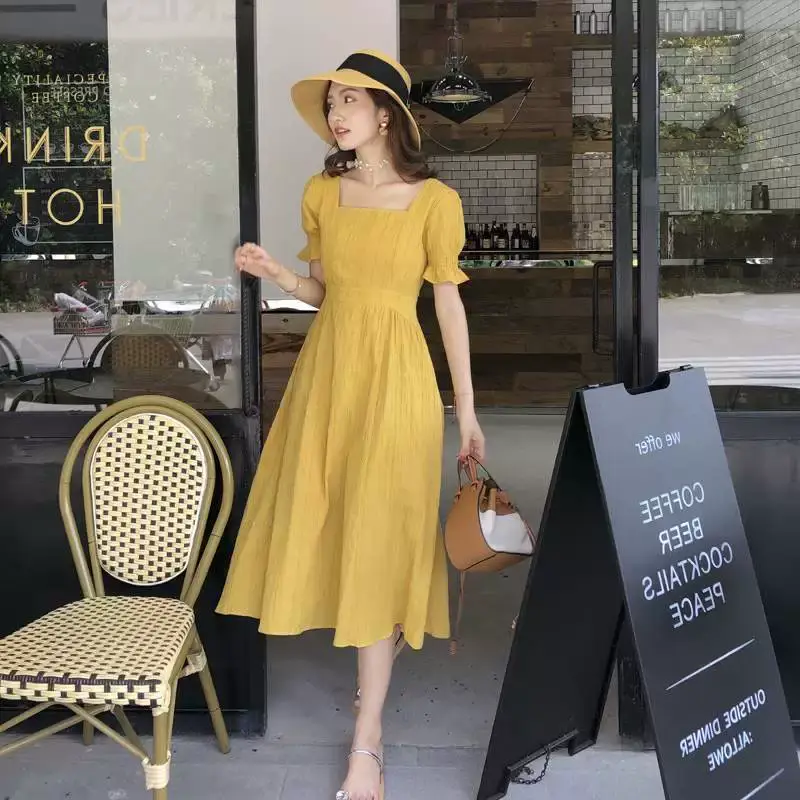 2025 Summer Yellow Square Neck Dress with Sweet Waist — feature 1