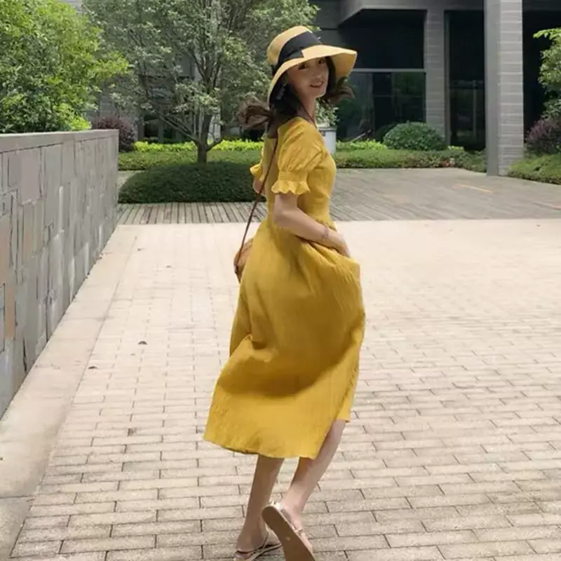 2025 Summer Yellow Square Neck Dress with Sweet Waist — feature 13