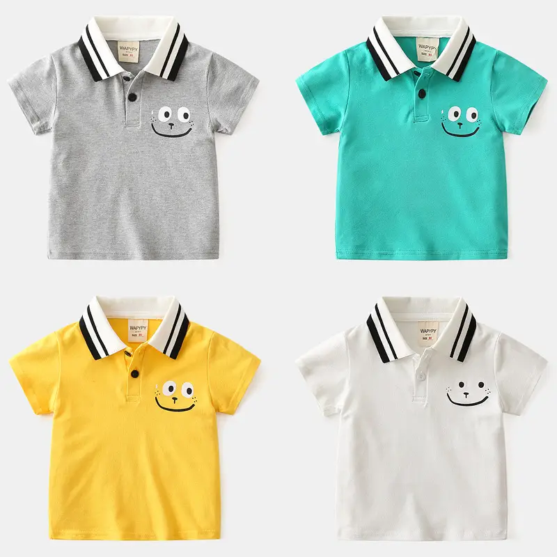 Boys Cotton Pique Polo Shirt Turquoise Smile Face Design