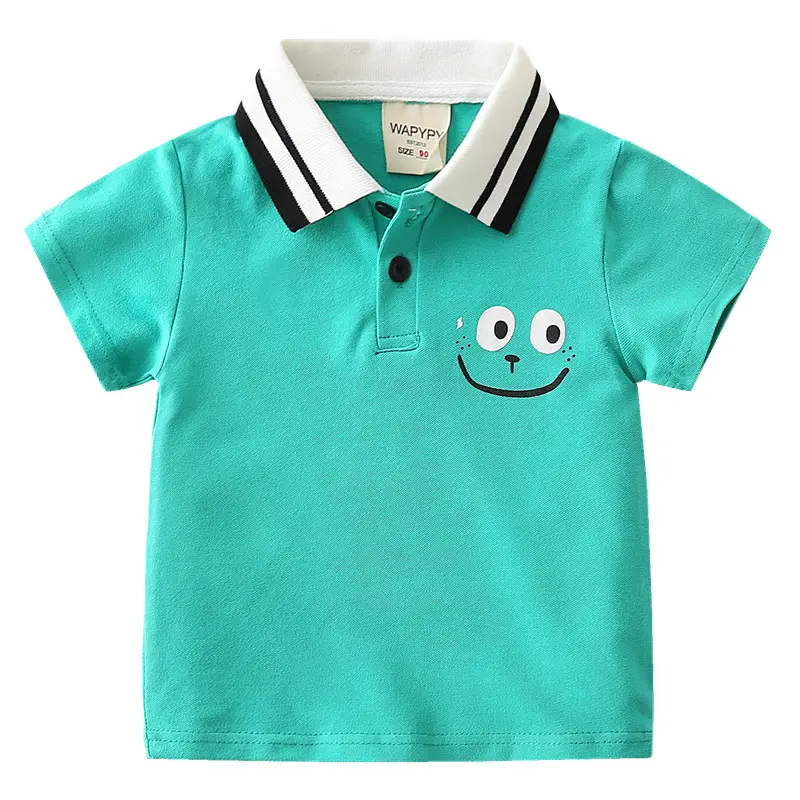 Boys Cotton Pique Polo Shirt Turquoise Smile Face Design