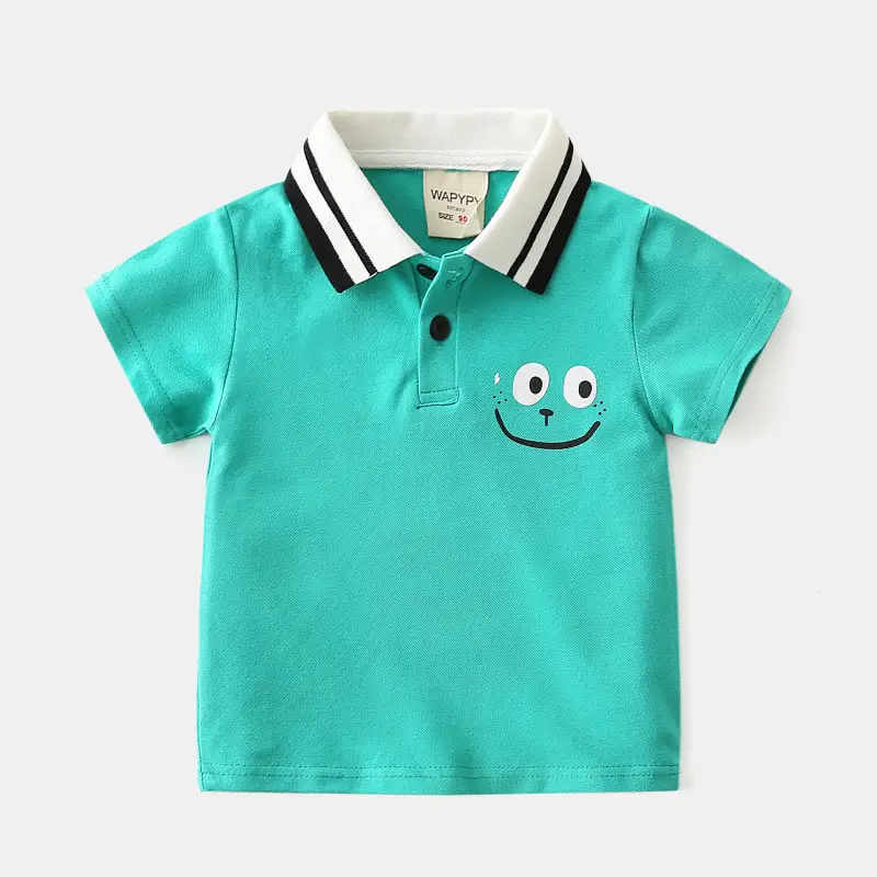Boys Cotton Pique Polo Shirt Turquoise Smile Face Design