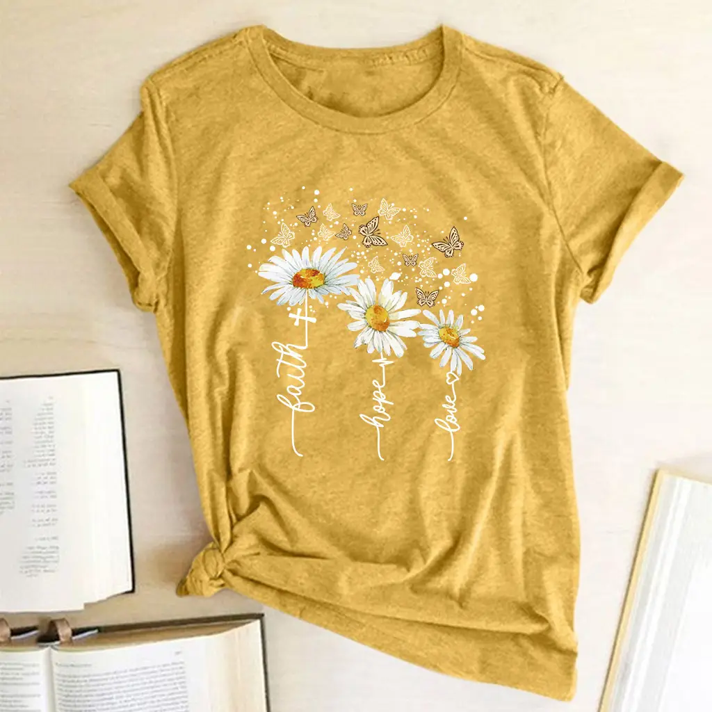 Women Yellow Daisy Print T-Shirt Short Sleeve 2023 - Image 10